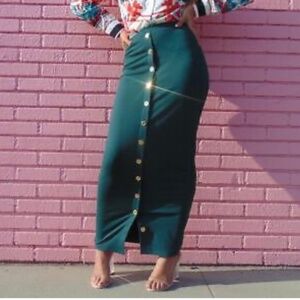 Vintage 90s Knit Maxi Skirt Emerald Green Button front Shimmery Fairy Sz 12